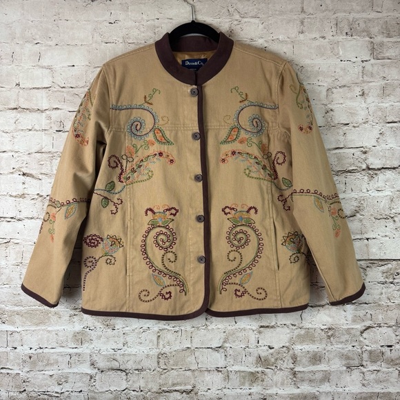DENIM & CO. Women's Medium Paisley Embroidered Khacki Brown Button Front Coat M - Picture 1 of 6